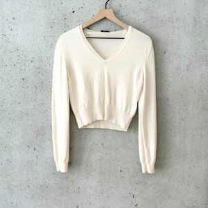 Bottega Veneta Crop V Neck 100% Cashmere Knit Sweater Cream Size 40